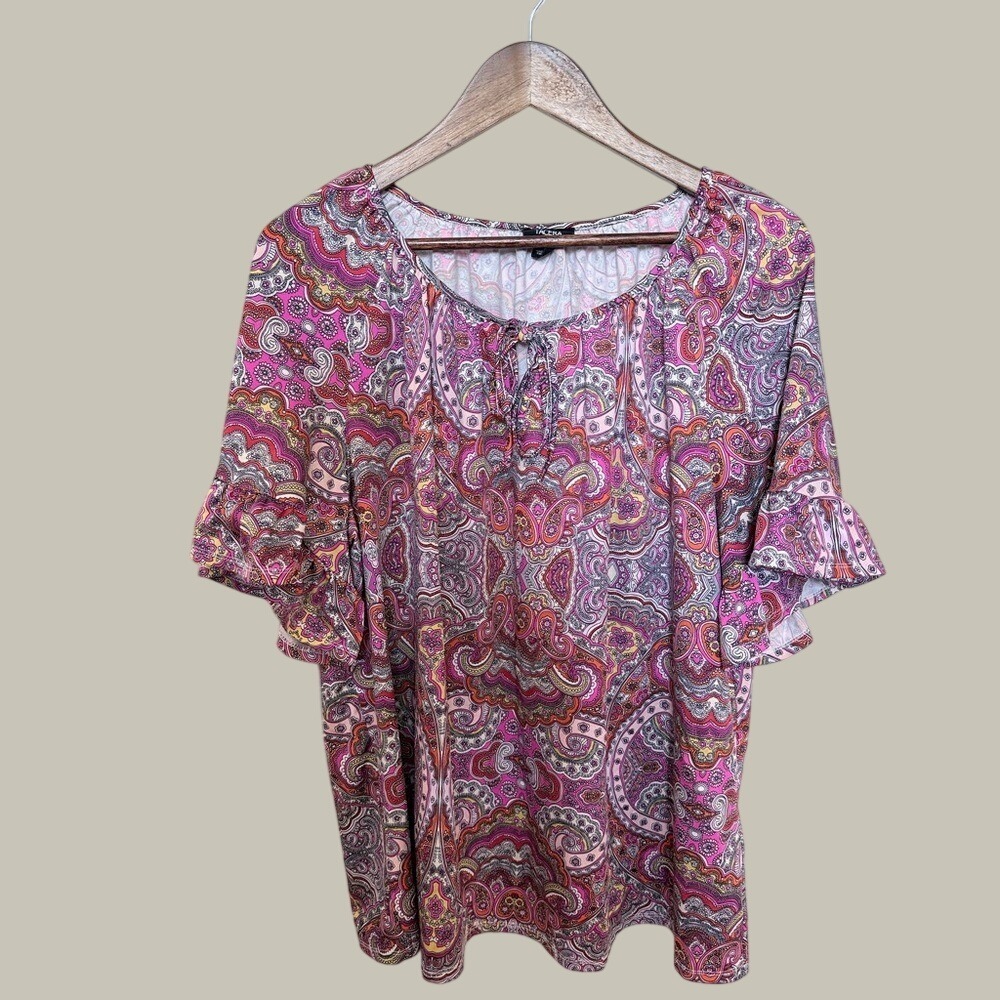 Tacera Paisley Blouse Women 2X Pink Purple Ruffle Sleeve‎ Tie Neck Top